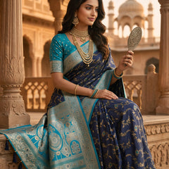 Royal Navy Blue Art Silk Banarasi Saree with Turquoise Blue Contrast Border & Blouse Piece