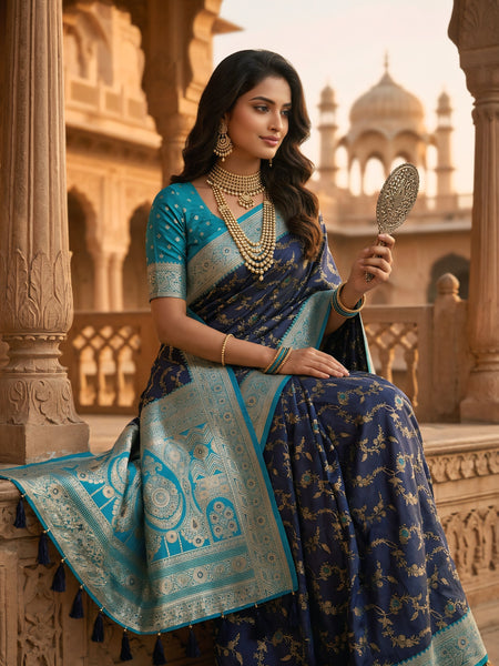 Royal Navy Blue Art Silk Banarasi Saree with Turquoise Blue Contrast Border & Blouse Piece