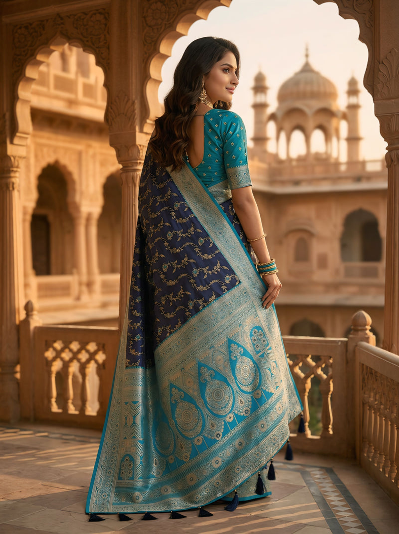 Royal Navy Blue Art Silk Banarasi Saree with Turquoise Blue Contrast Border & Blouse Piece
