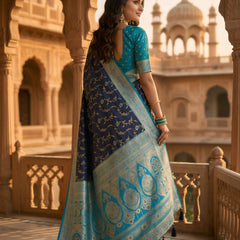 Royal Navy Blue Art Silk Banarasi Saree with Turquoise Blue Contrast Border & Blouse Piece