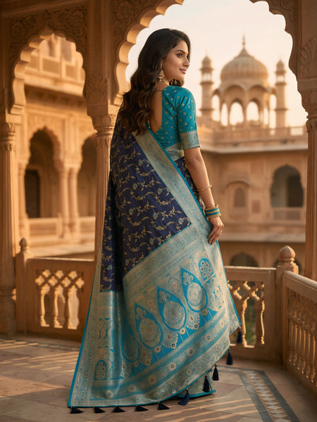 Royal Navy Blue Art Silk Banarasi Saree with Turquoise Blue Contrast Border & Blouse Piece