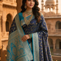 Royal Navy Blue Art Silk Banarasi Saree with Turquoise Blue Contrast Border & Blouse Piece