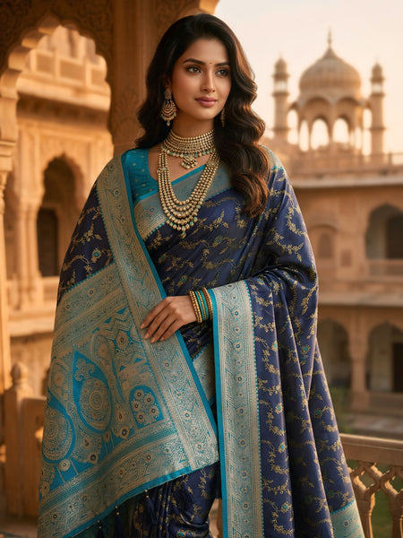 Royal Navy Blue Art Silk Banarasi Saree with Turquoise Blue Contrast Border & Blouse Piece