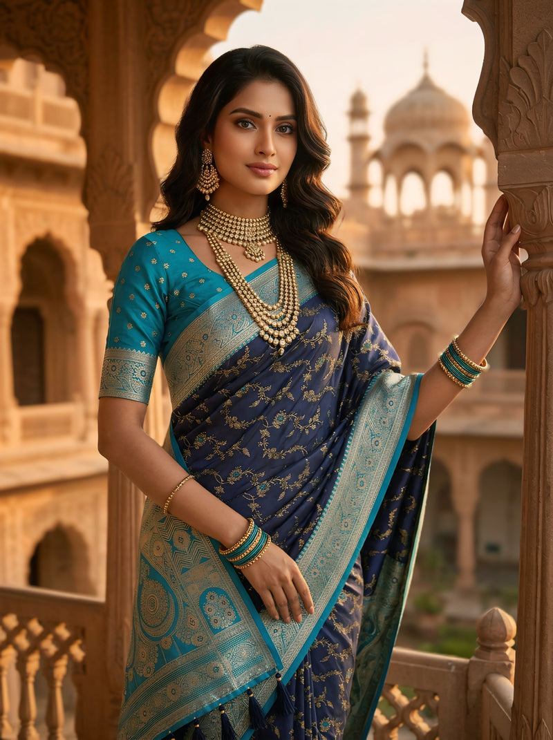 Royal Navy Blue Art Silk Banarasi Saree with Turquoise Blue Contrast Border & Blouse Piece