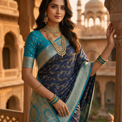 Royal Navy Blue Art Silk Banarasi Saree with Turquoise Blue Contrast Border & Blouse Piece