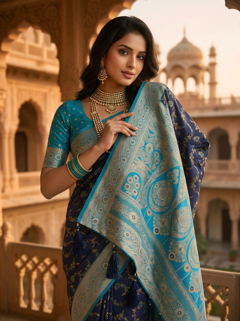 Royal Navy Blue Art Silk Banarasi Saree with Turquoise Blue Contrast Border & Blouse Piece