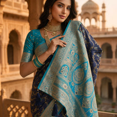 Royal Navy Blue Art Silk Banarasi Saree with Turquoise Blue Contrast Border & Blouse Piece
