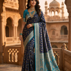 Royal Navy Blue Art Silk Banarasi Saree with Turquoise Blue Contrast Border & Blouse Piece
