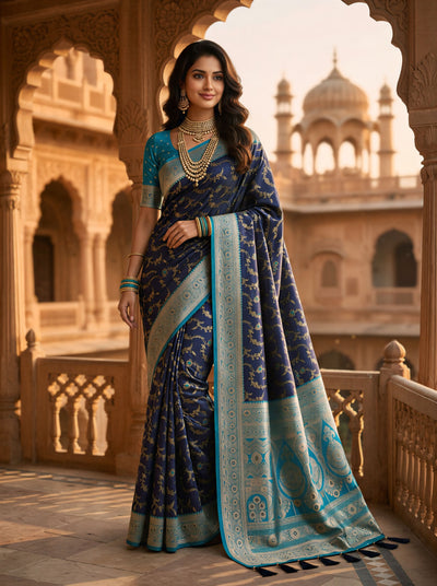 Navy Blue Art Silk Banarasi Saree with Turquoise Blue Contrast Border & Blouse Piece