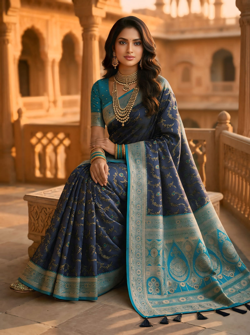 Royal Navy Blue Art Silk Banarasi Saree with Turquoise Blue Contrast Border & Blouse Piece