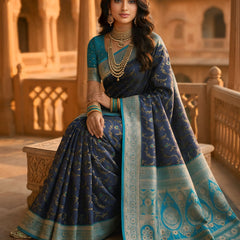 Royal Navy Blue Art Silk Banarasi Saree with Turquoise Blue Contrast Border & Blouse Piece