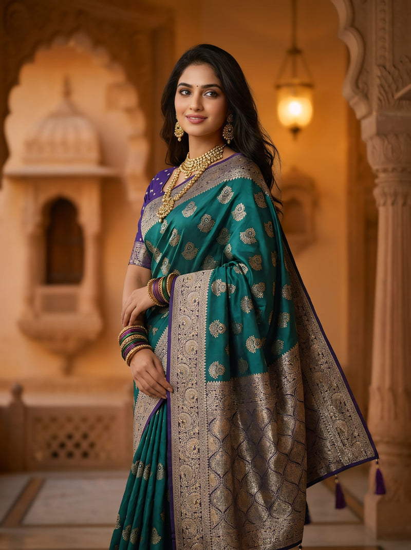 Royal Peacock Teal Green Art Silk Banarasi Saree with Purple Contrast Border & Blouse Piece