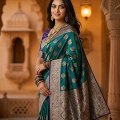 Royal Peacock Teal Green Art Silk Banarasi Saree with Purple Contrast Border & Blouse Piece