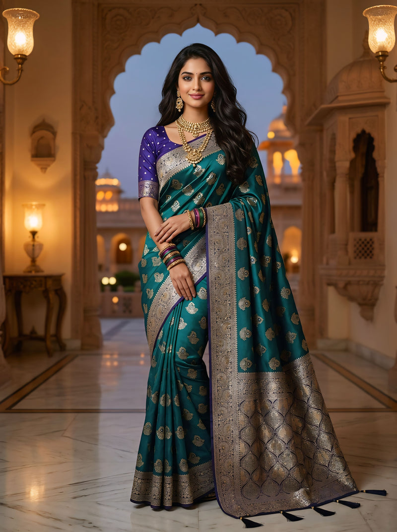 Royal Peacock Teal Green Art Silk Banarasi Saree with Purple Contrast Border & Blouse Piece