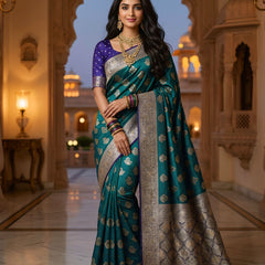 Royal Peacock Teal Green Art Silk Banarasi Saree with Purple Contrast Border & Blouse Piece