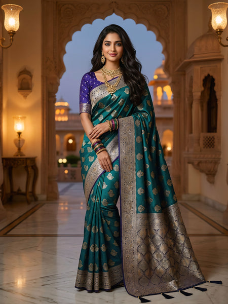 Royal Peacock Teal Green Art Silk Banarasi Saree with Purple Contrast Border & Blouse Piece
