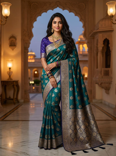 Teal Green Art Silk Banarasi Saree with Purple Contrast Border & Blouse Piece