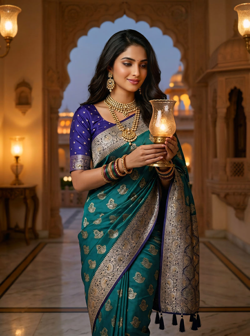 Royal Peacock Teal Green Art Silk Banarasi Saree with Purple Contrast Border & Blouse Piece