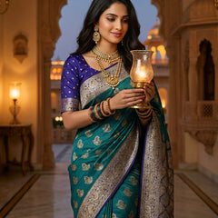 Royal Peacock Teal Green Art Silk Banarasi Saree with Purple Contrast Border & Blouse Piece