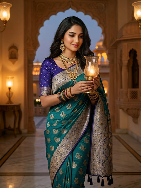 Royal Peacock Teal Green Art Silk Banarasi Saree with Purple Contrast Border & Blouse Piece