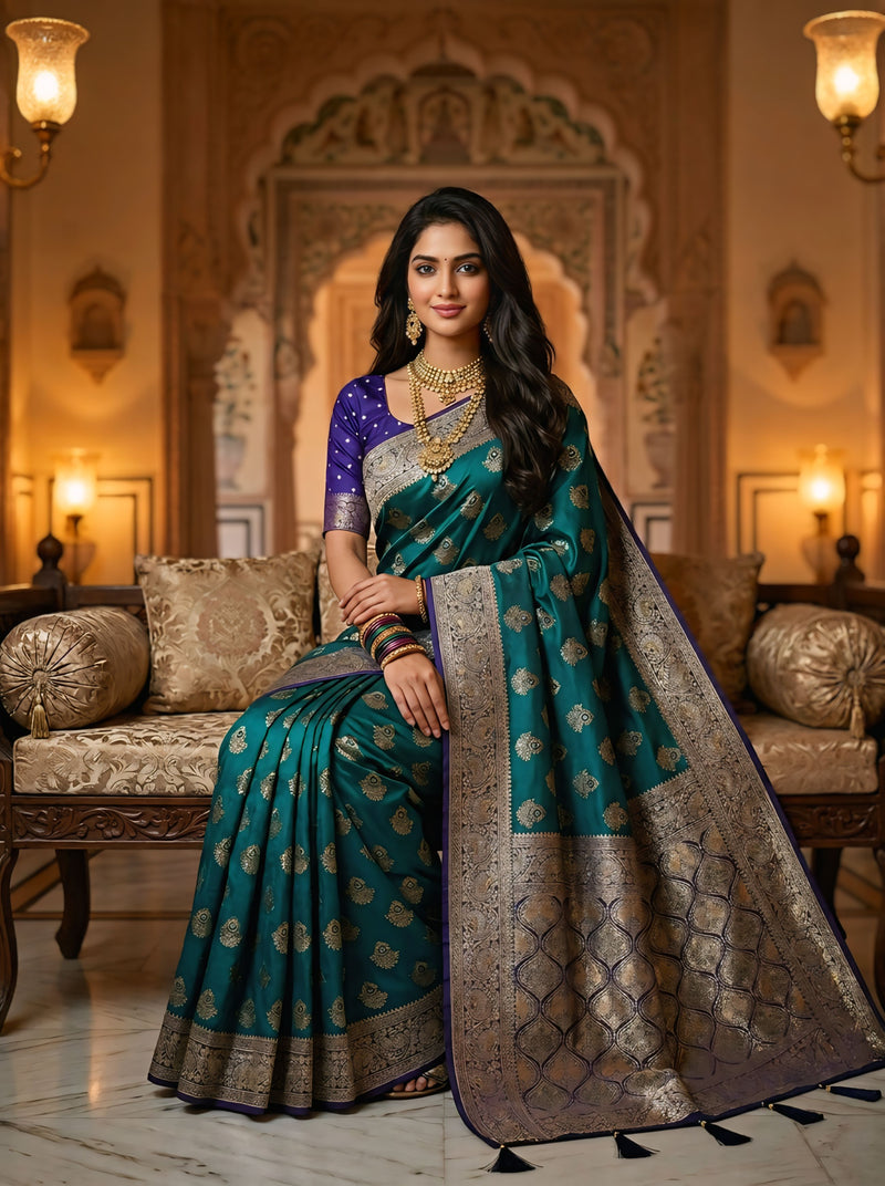 Royal Peacock Teal Green Art Silk Banarasi Saree with Purple Contrast Border & Blouse Piece