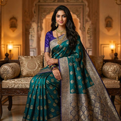 Royal Peacock Teal Green Art Silk Banarasi Saree with Purple Contrast Border & Blouse Piece