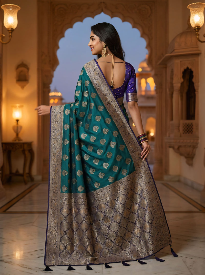 Royal Peacock Teal Green Art Silk Banarasi Saree with Purple Contrast Border & Blouse Piece