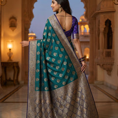 Royal Peacock Teal Green Art Silk Banarasi Saree with Purple Contrast Border & Blouse Piece