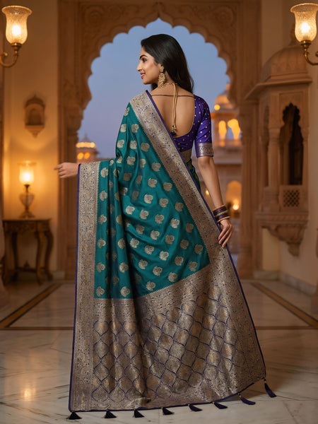 Royal Peacock Teal Green Art Silk Banarasi Saree with Purple Contrast Border & Blouse Piece