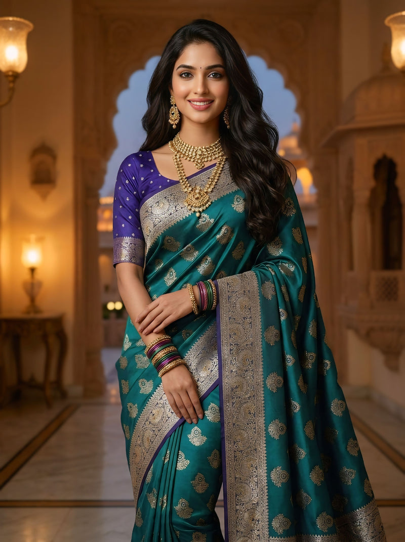 Royal Peacock Teal Green Art Silk Banarasi Saree with Purple Contrast Border & Blouse Piece