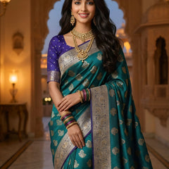 Royal Peacock Teal Green Art Silk Banarasi Saree with Purple Contrast Border & Blouse Piece