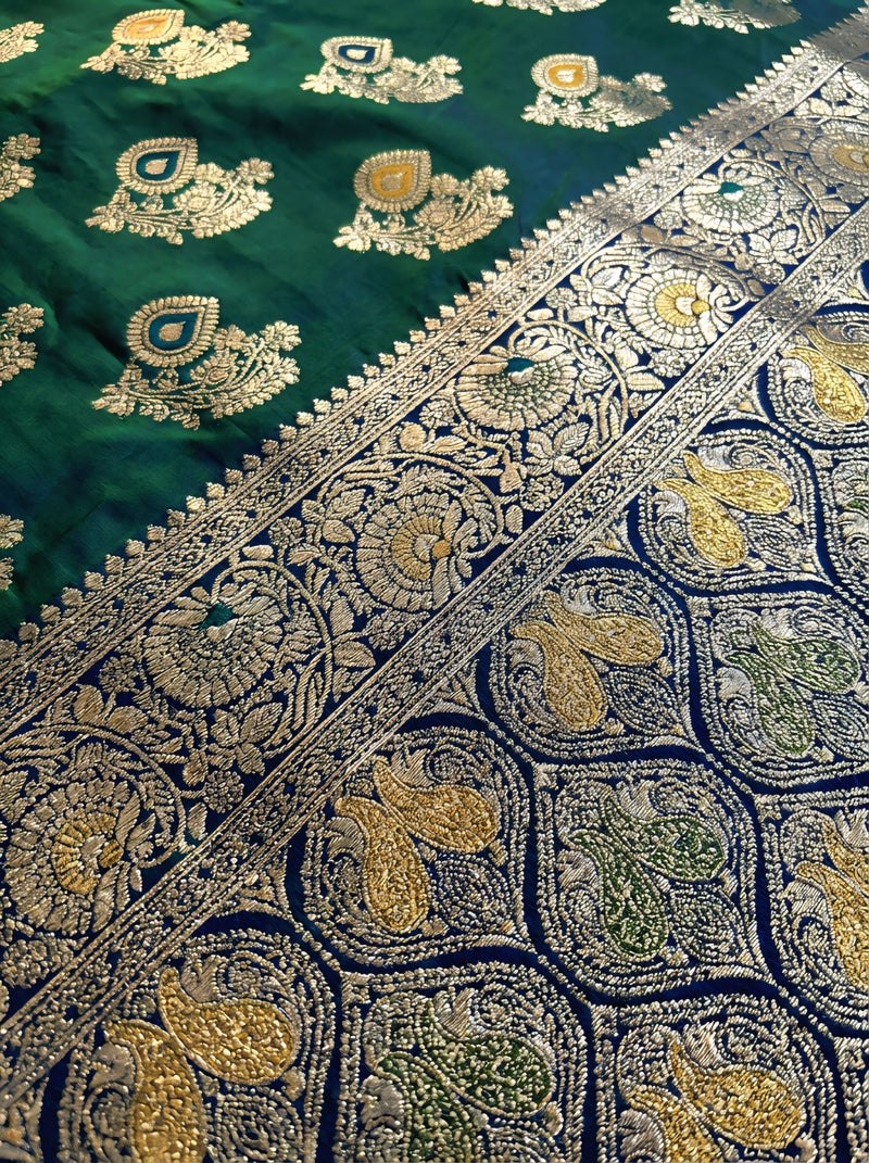 Royal Peacock Teal Green Art Silk Banarasi Saree with Purple Contrast Border & Blouse Piece