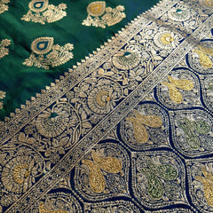 Royal Peacock Teal Green Art Silk Banarasi Saree with Purple Contrast Border & Blouse Piece