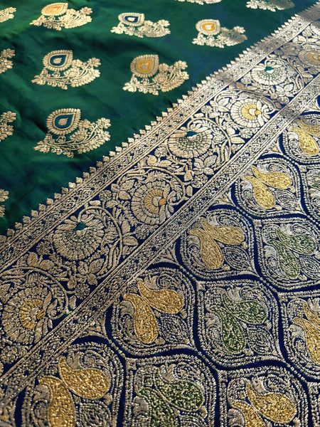 Royal Peacock Teal Green Art Silk Banarasi Saree with Purple Contrast Border & Blouse Piece