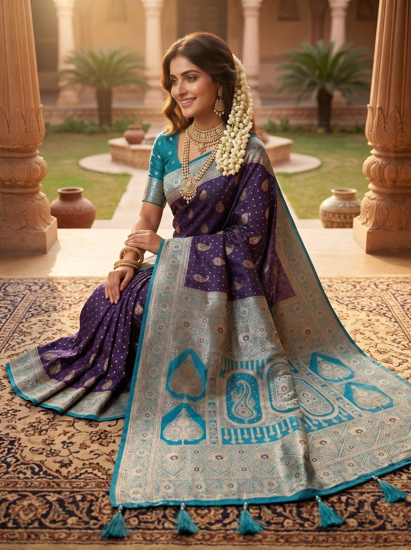 Deep Violet Purple Art Silk Banarasi Saree with Teal Blue Contrast Border & Blouse Piece