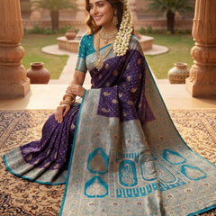 Deep Violet Purple Art Silk Banarasi Saree with Teal Blue Contrast Border & Blouse Piece