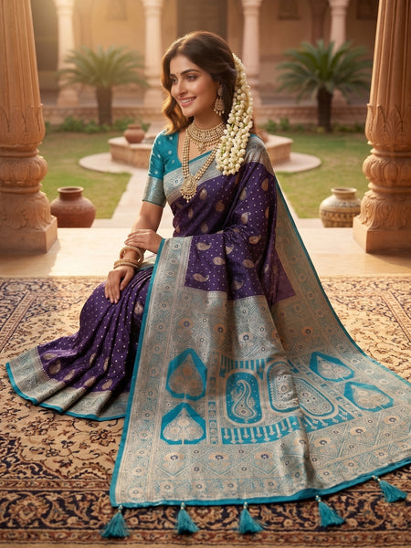 Deep Violet Purple Art Silk Banarasi Saree with Teal Blue Contrast Border & Blouse Piece