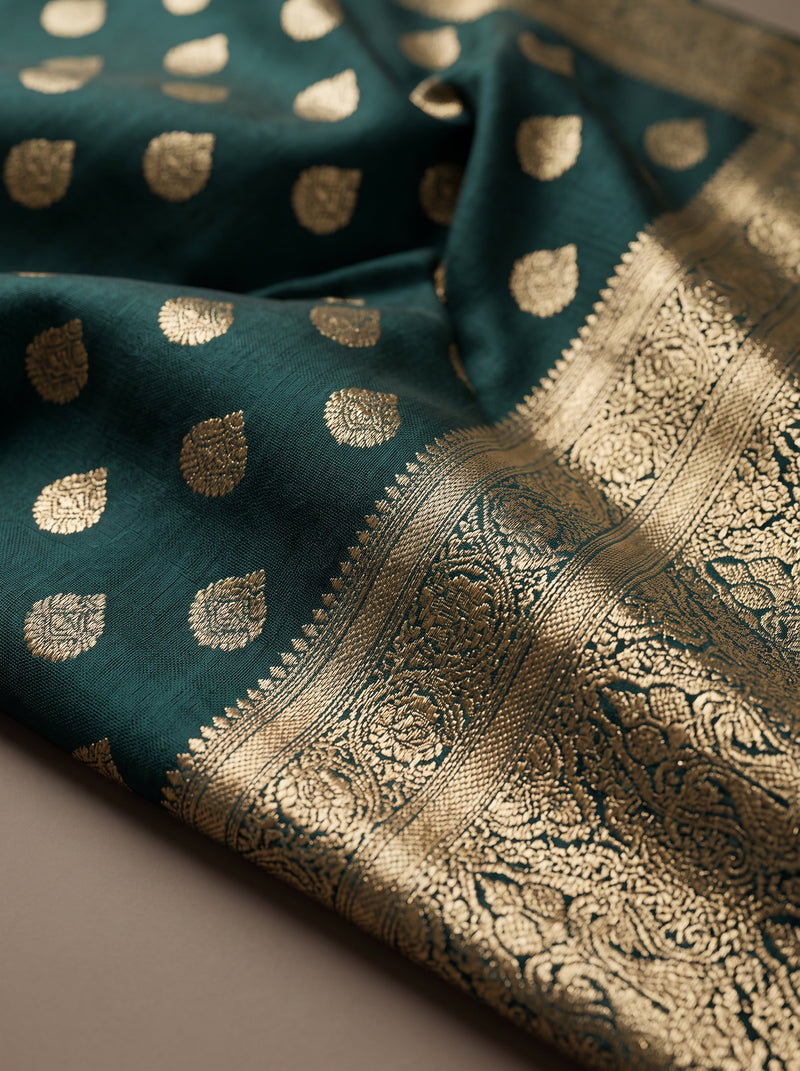 Teal Green Banarasi Silk Saree with Golden Zari Butti Work, Rich Woven Border & Traditional Designer Pallu for Women