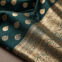 Teal Green Banarasi Silk Saree with Golden Zari Butti Work, Rich Woven Border & Traditional Designer Pallu for Women
