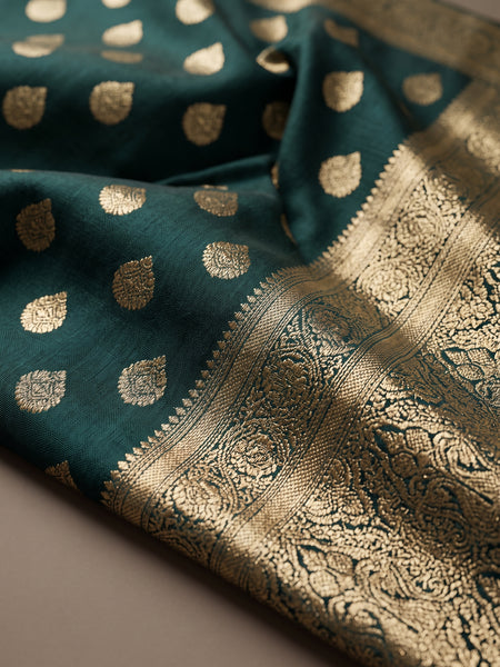 Teal Green Banarasi Silk Saree with Golden Zari Butti Work, Rich Woven Border & Traditional Designer Pallu for Women