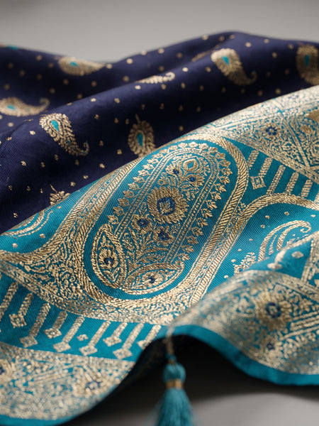 Deep Violet Purple Art Silk Banarasi Saree with Teal Blue Contrast Border & Blouse Piece