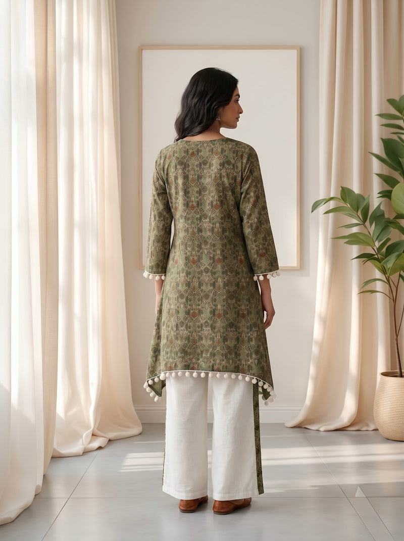 Olive Green Printed Tunic with Pom-Pom Trim