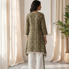 Olive Green Printed Tunic with Pom-Pom Trim