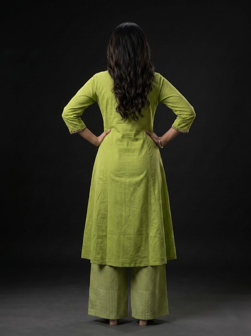 Lime Green Mirror-Work Kurta with Striped Palazzo