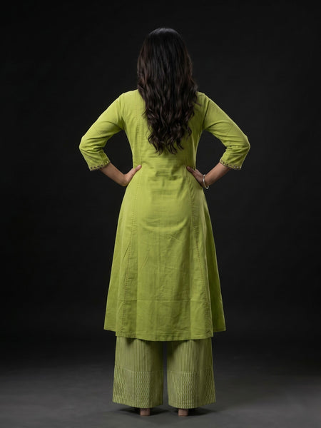Lime Green Mirror-Work Kurta with Striped Palazzo