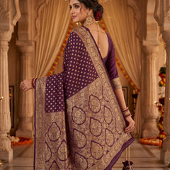 Wine Purple Banarasi Silk Saree with Golden Zari Diamond Butti Work, Floral Woven Border & Rich Pallu for Women
