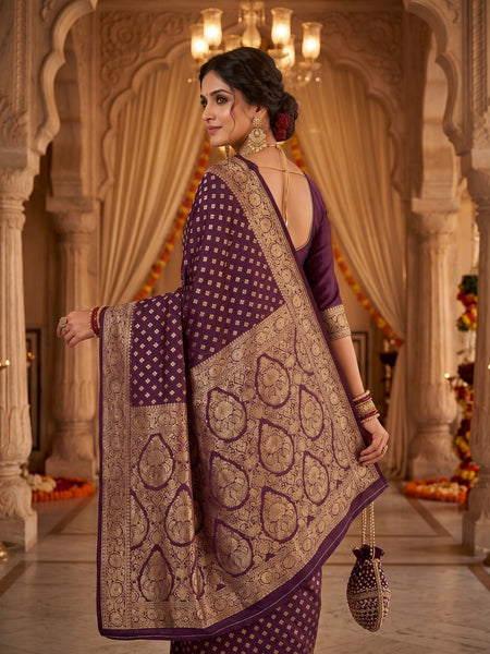 Wine Purple Banarasi Silk Saree with Golden Zari Diamond Butti Work, Floral Woven Border & Rich Pallu for Women