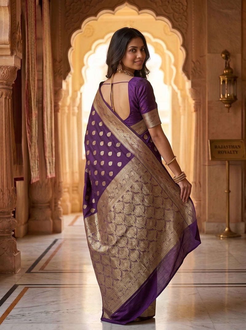 Royal Purple Banarasi Silk Saree with Golden Zari Butti Work, Woven Border & Rich Designer Pallu for Women