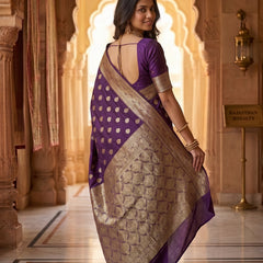 Royal Purple Banarasi Silk Saree with Golden Zari Butti Work, Woven Border & Rich Designer Pallu for Women