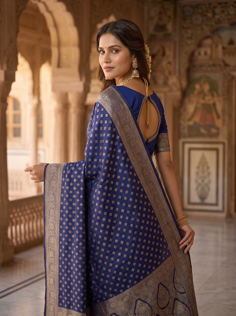 Royal Blue Banarasi Silk Saree with Golden Zari Butti Work, Woven Border & Rich Designer Pallu for Women